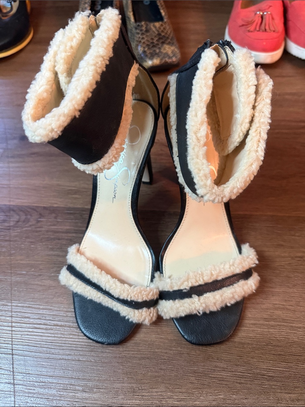 Jessica Simpson Black Faux-Shearling Ankle Strap Heels Peep Toe Size 5M/EUR 35